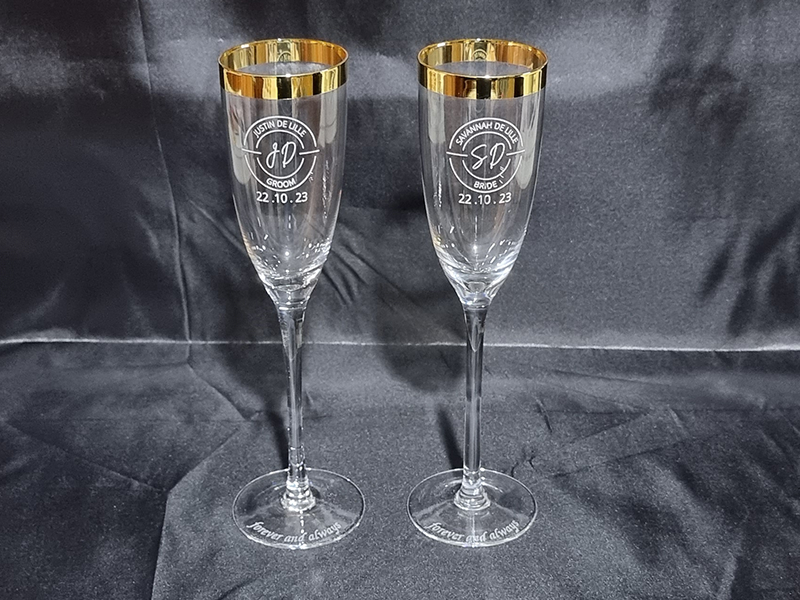 Engraved Wedding Champagne Flutes — custom work by GeoSaffer, Auckland